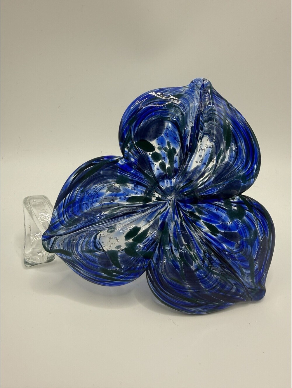 Murano Italy Hand Blown Glass Flower Sculpture Silver Blue Swirl Stem Art 4.75"